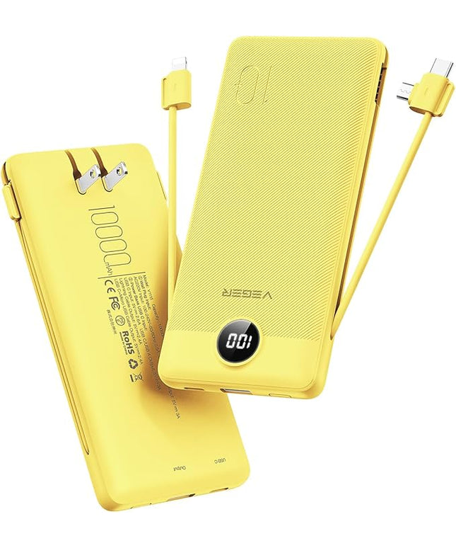 VEGER Portable Charger with Built-in AC Plug and Cables, All in One 10000mAh Ultra Slim Power Bank Travel Essentials, 15W Fast Charging Battery Pack Compatible with iPhone, Samsung, Android (Yellow)