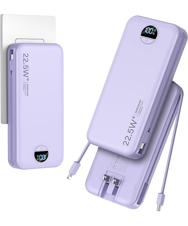 20000mAh Ultra-Portable-Charger-Power-Bank PD20W with Built in Cables&AC Wall Plug,Fast Charging Cell Phone Charger Battery Pack,LED Display Travel Battery Bank for All iPhone,Samsung,Android