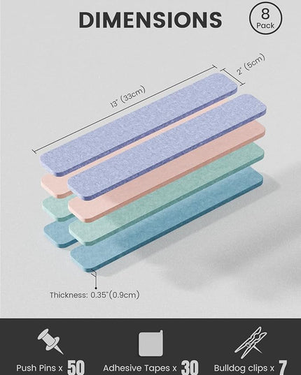Cork Board Alternative Felt Strip Board 8-Pack 13"x2", Office Pin Board with 50 Push Pins, Adhesive Install for Bedroom Door & Home Office(Coastal Haze)