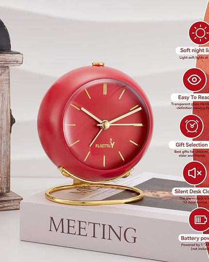 FLOITTUY Silent Table Analog Alarm Clock No Ticking, Lighted on Demand and Battery Operated, Beep Sounds, Small Desk Clock(Tomato Red)