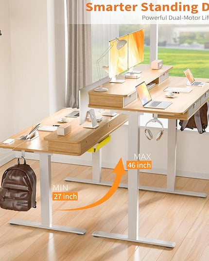 48 * 30 Inches Electric Standing Widened Desk Adjustable Height with 4 Drawers, Double Storage Shelves, Home Office Workstation Sit Stand up Desk (Nature)