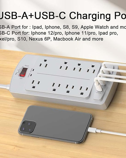 Surge Protector Power Strip - Nuetsa Flat Plug Extension Cord with 8 Outlets and 4 USB Ports, 10 Feet Power Cord (1625W/13A), 2700 Joules, ETL Listed, Grey