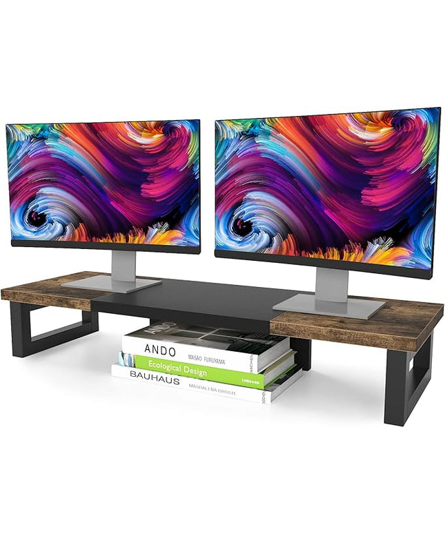 WESTREE Dual Monitor Stand Riser, Wood and Steel Multi-Purpose Desktop Storage Stand for 2 Monitors for Computer, Laptop, Printer, TV, Rustic Brown