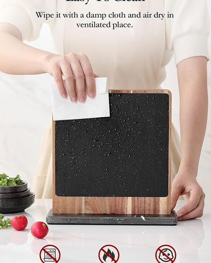 HEZHEN Double-sided Magnetic Knife Holder without Knives, Acacia Wood Knife Block with Leather Cover, Space-saving Knife Storage, Strong Enhanced Magnets Strip, Non-slip Marble Base