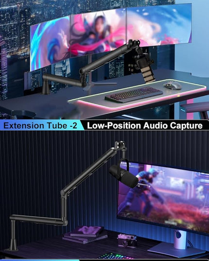 Low Profile Mic Arm Stand,Adjustable Desk Clamp Mic Boom Arm with 360°Swivel and Detachable Rise Column，Built-In Cable Management,with Mic Clip 3/8" to 5/8",For Podcasting and Streaming