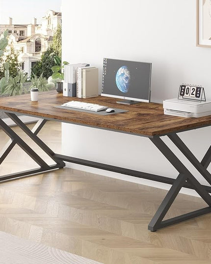 LVB 78.7" Computer Desk, Industrial Extra Long Wood Home Office Desk, Large Rustic Modern Metal Workstation Pc Study Writing table, Dual monitor Double Work Executive Desk for Two Person, Rustic Brown