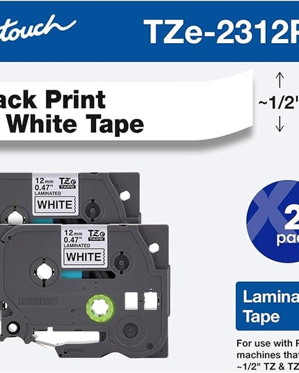 Brother Genuine P-Touch, TZe-231 2 Pack Tape (TZE2312PK) ½”(0.47”) x 26.2 ft. (8m) 2 Count (Pack of 1) Laminated P-Touch Tape, Black on White