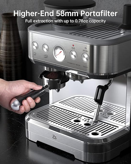 IDEALHOUSE Espresso Machine 3-in-1, Built-in Grinder and Milk Frother, Stainless Steel, 20 Bar Latte and Cappuccino Espresso Coffe Machine w/Automatic Milk Frothe & 95 Oz Water Tank for Office Cafe