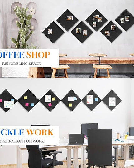 DOLLAR BOSS Felt Cork Board Tiles, 6 Packs 12" x 12" 1/2" Thick Cork Bulletin Board Self Adhesive Acoustic Panels Soundproof Corkboards for Walls with 60 Pushpins for Home Office Kitchen School, Black