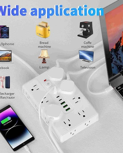 Power Board Surge Protector with 16 sockets, Equipped with 3 USB A and 3 USB C Ports, Suitable for Various Devices, Including Home, Office, and Dormitory (white6.5T)