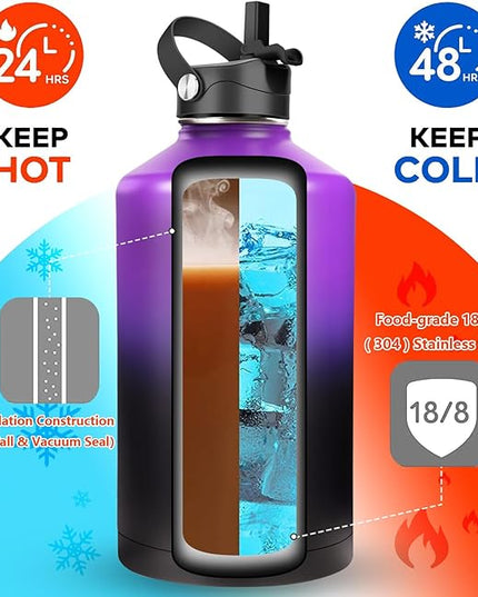 Water Bottle Insulated 32oz 40oz 64oz 128oz Straw Lid Spout Lid & 3 Lids, Leak Proof, Vacuum Insulated,Stainless Steel Water Bottle Wide Mouth for Sports, Gym or Office
