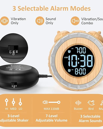 uscce Dual Extra Loud Alarm Clock with Bed Shaker - 0-100% Dimmer, Vibrating Alarm Clock for Heavy Sleepers or Hearing Impaired, Easy to Set, Snooze, Battery Backup, Wake with a Shake(Wood Grain)