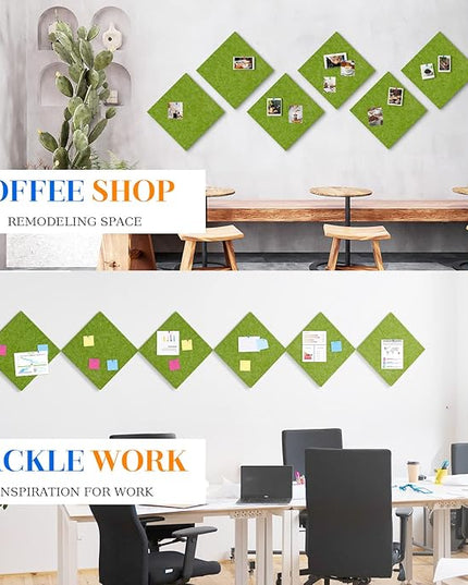 DOLLAR BOSS Felt Cork Board Tiles, 6 Packs 12" x 12" 1/2" Thick Cork Bulletin Board Self Adhesive Corkboards for Walls with 60 Pushpins for Home Office Kitchen School Decor Display, Green