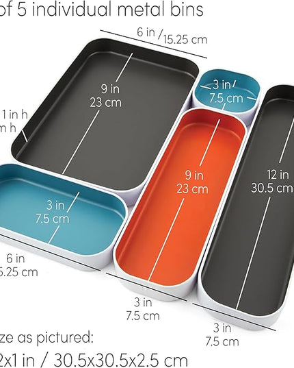 Three by Three Seattle 5 Piece Metal Organizer Tray Set for Storing Makeup, Stationery, Utensils, and More in Office Desk, Kitchen and Bathroom Drawers (1 Inch, Gray, Sky Blue, Orange)