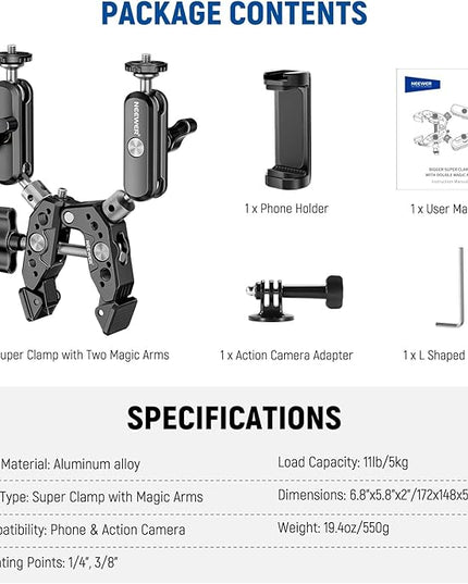 NEEWER Heavy Duty Super Clamp with Two 360° Dual Ball Head Magic Arms, 1/4" 3/8" Screw Threads, Phone & Action Camera Mount Adapter for Flat/Round Surface Compatible with GoPro DJI Insta360 DSLR