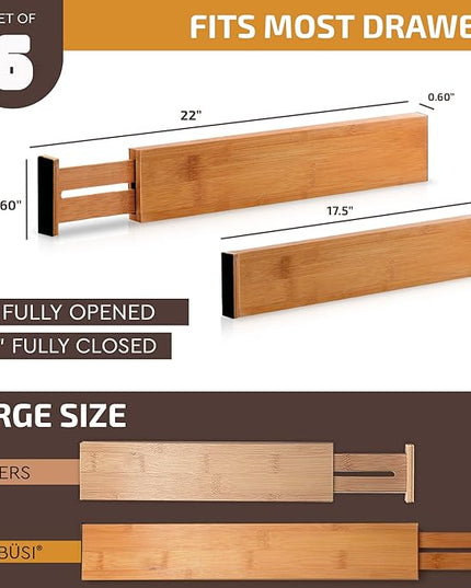 6 Pack Bamboo Drawer Dividers - 17" to 21.5" Expandable Adjustable Drawer Organizer for Kitchen Utensils, Large Drawer Divider, Clothes, Dresser, Bedroom, Bathroom, Desk Drawer Separator Set (White)