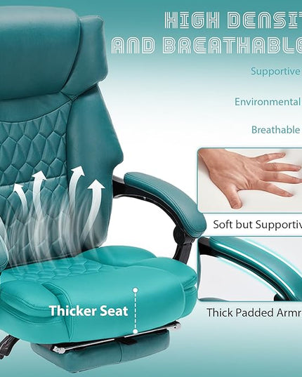 Massage Office Chair with Foot Rest 6 Points Vibration and Heat Home Office Desk Chairs for Heavy People 400lbs Reclining Managerial Chairs Ergonomic Executive Chair (Teal Blue)