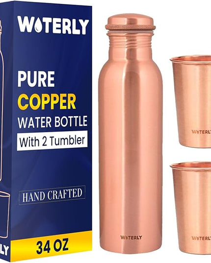Plain Copper Water Bottle (34 Oz /1000ml) With Set Of 2 Tumbler (10 Oz/300ml Each) | Best use for Office,Gym & gifts |100% Pure Copper Material with Leak proof Quality Made In India