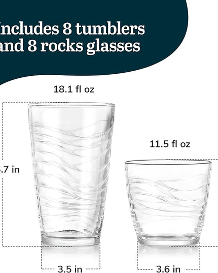 Libbey Orbita Rocks and Tumbler Drinking Glasses Set of 16, Durable Glass Cups Set with Wave Pattern, Glassware Drinking Glasses for Any Occasion