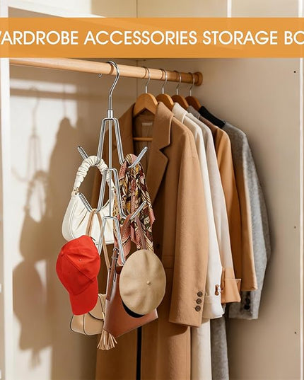 Purse Hanger Organizer for Closet, Space Saving Metal Hook Rack for Handbags, Belts, Ties, Scarves, Keep Items Visible & in Shape, 360° Swivel Storage Hanger, Silver