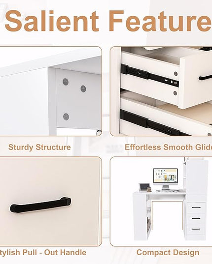 KEIKI L Shaped Desk with Drawers and Hutch, Corner Office Desk with Storage, Computer Desk with 4-in-1 Socket, 3 Drawers & 4 Shelves, White