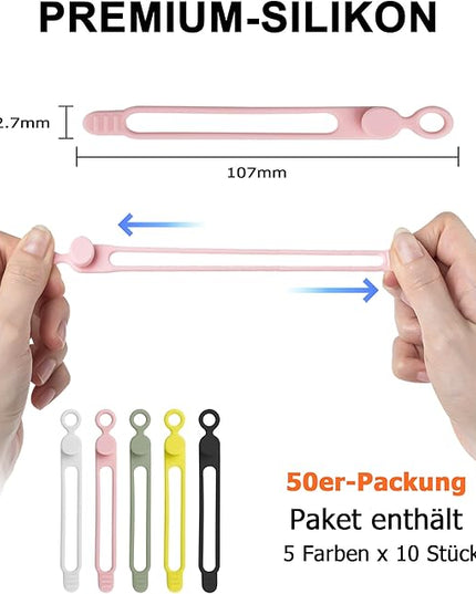 Nearockle 50Pcs Silicone Cable Ties Cord Organizer for Bundling Earphone, Phone Charger, Computer Cords, Reusable Cable Ties Wire Organizer in Home,Office,Kitchen,School (5 Colors)