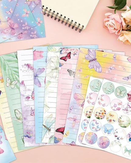 160 Pcs Stationery Paper Envelopes Set Includes 50 Lined Writing Paper & 50 Envelopes with 60 Colorful Round Dot Stickers, Cute Vintage Butterfly Letter Writing and Stationery Paper Envelopes(10Style)