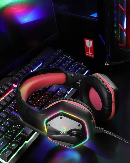 EKSA E1000 Gaming Headset, Computer Headphones with Noise Canceling Mic & RGB Light, 7.1 Surround Sound, Compatible with PC, PS4 PS5 Console, Laptop (Red)