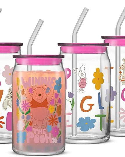 JoyJolt Disney Winnie the Pooh & Friends Flower Power Glass Tumblers with Lids and Straws, 16oz Glass Cups with Lids and Straws, Can Shaped Drinking Glasses Set of 4, Disney Gifts for Adults