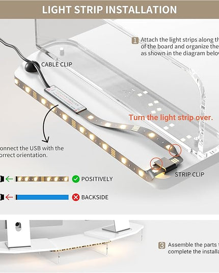 LED Dual Monitor Stand Riser for 2 Monitors, Office Desktop Wooden Stand Adjustable Length and Angle 3 Shelf, Extra Long Multifunctional Stand up to 44.4" for Computer, Laptop, TV, White