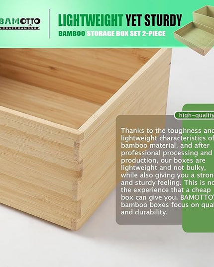 2-Piece Large Bamboo Storage Box Set, 7.1 in High Stackable Deep-Drawer Organizer for Kitchen Cutlery, Utensils & Knives, Lidless Wooden Bin for Homes & Offices (14.6"x10.2"x7.1"+14.6"x10.2"x3.1")