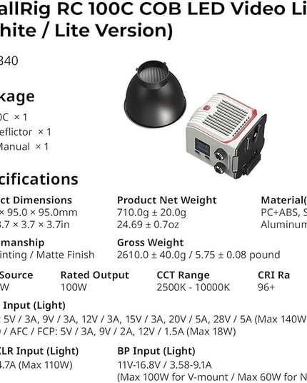 SmallRig RC 100C RGBWW LED Video Light, with App Control, 100W Mini COB Continuous Output Lighting, Handheld Spotlight 2700-10000K/CRI 96+/TLCI 98+/12 Effects, 11000Lux/1m, Lite Version White, 5340