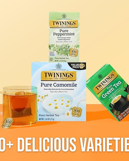 Twinings Pure Peppermint Herbal Tea Individually Wrapped Bags, 20 Count (Pack of 1), Fresh Minty Flavour, Naturally Caffeine-Free, Enjoy Hot or Iced, 20 Teabags