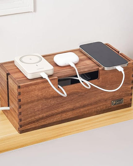 Cable Management Box, Acacia Wood Cord Hider Organizer for Power Strips, TV, Desk & Floor Wires, Under Desk Cable Storage Box for Office & Home