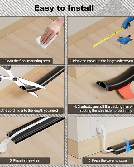 Kneelisa 10FT Side-Open Extension Cord Covers for Wires on Floor,Silicone Power Cable Protector Cord Hider Management Strip,Hide Electric Wire on Carpet,Chord Runner Protective Safety Wiremold,Black