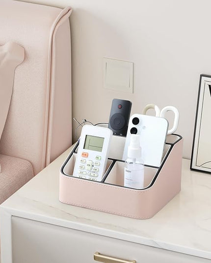 MEIBOOCH Remote Control Holder, PU Leather Small Desk Organizer with 4 Compartments, Nightstand Organizer Desk Caddy for Remote, Notepad, Phone, Glasses, and Accessories (Pink)