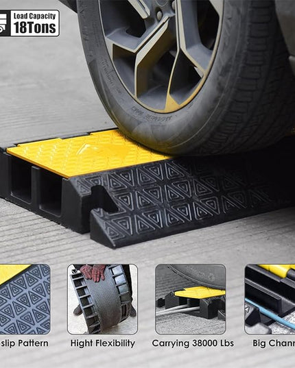 OranLite Large 2-Channel Rubber Floor Cable Protector Ramp, Heavy-Duty Floor Cable Wire Cord Cover Speed Bumps, Driveway Hose Cable Ramp Protective Cover (2 Large Channels)