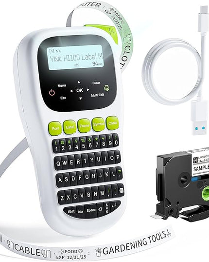 Vixic Label Maker Machine with-Tape, H1100 Handheld Label Maker Waterproof-Labels Portable Labeler Backlit Screen for Home School Office Organization Gifts, Multiple Fonts Symbols Borders Easy to Use