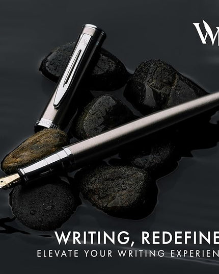 Wordsworth & Black Fountain Pen Set, Medium Nib, Includes 24 Pack Ink Cartridges, Ink Refill Converter & Gift Pouch, Chrome Finish, Calligraphy, [Silver Chrome], Perfect for Men & Women