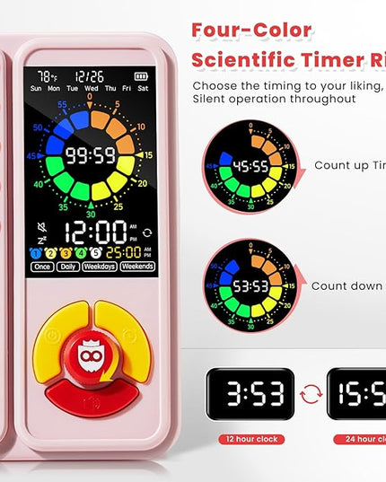 ADHD Tool for Kids, 5-in-1 Visual Timer with Chore Chart Board, Visual Schedule for Kids, 12/24 Task Timer with 99'59'' Countdown/Countup, 5 Alarms, Silent Operation Visual Schedule for Autism - Pink