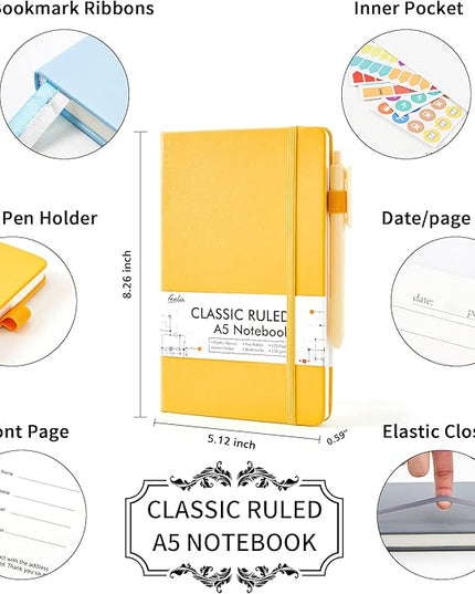 feela Hardcover Notebook For Work, Classic Ruled Lined Journal Set School Business Supplies, with 3 Black Pens, 120 GSM, 5.1”x8.3”, 3 Pack, A5, Solid Colors, Gray, Yellow, Light Blue