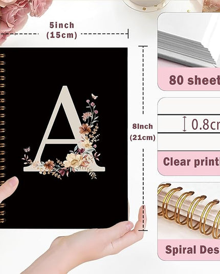Lacama Black Initial Letter A School Notebook Journal, Aesthetic Wildflower Personalized Spiral Notebook, School Supplies, Customized Monogrammed Gifts, Birthday Gifts for Women, Office Supplies