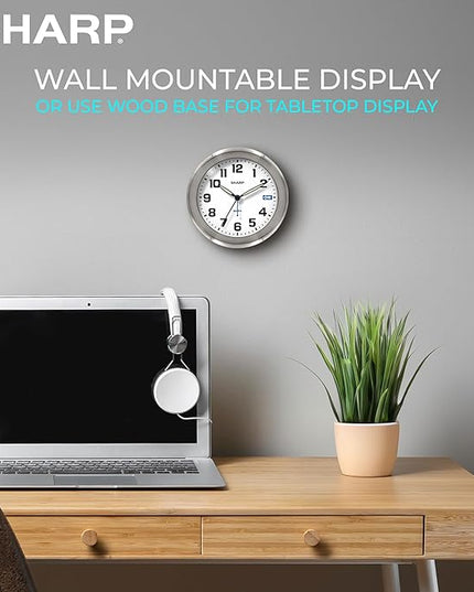 Sharp Silent Sweep Quartz Analog Desk Clock with Alarm Status Indicator on Dial, Brushed Metal Clock with Genuine Wood Stand, Great Gift for Home or Office