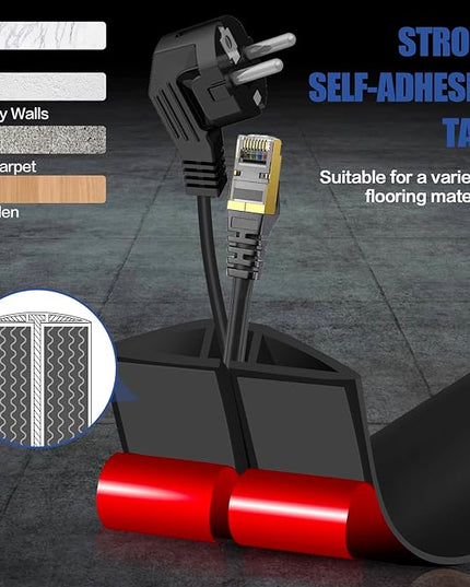 Floor Cord Cover Cavity 0.8"x0.37" Self Adhesive Cord Hider, 10FT Low Profile Cable Management, Extension Strip Protector for Wires, Prevent Cable Trips for Offices, Gyms, Exhibitions（Black）