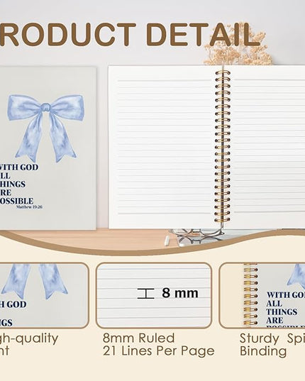 Coquette Blue Bow Christian Spiral Journal Notebook 5.5x8.3in, with God All Things Are Possible Inspirational Prayer Journal for Woman, Inspirational Bible Notebooks for Note Taking