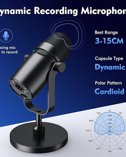 Dynamic Microphone, XLR/USB Podcast Recording Pc Microphone for Streaming Voice, Gaming Microphone with Mute, Headphone Jack, Monitoring Volume Control