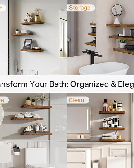 BAYKA Floating Shelves Bathroom for Wall – Shelf Over Toilet Farmhouse Rustic Wood for Bedroom, Kitchen, or Living Room Decor Organization Display Shelving – Rustic Brown, Set of 3
