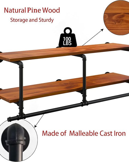 Wall Mounted Clothes Rack 12 Inch Deep, 48 Inch Heavy Duty Garment Rack with Real Brown Wood Shelf, Multi-Purpose Hanging Rod & Space-Saving Closet Storage Organizer