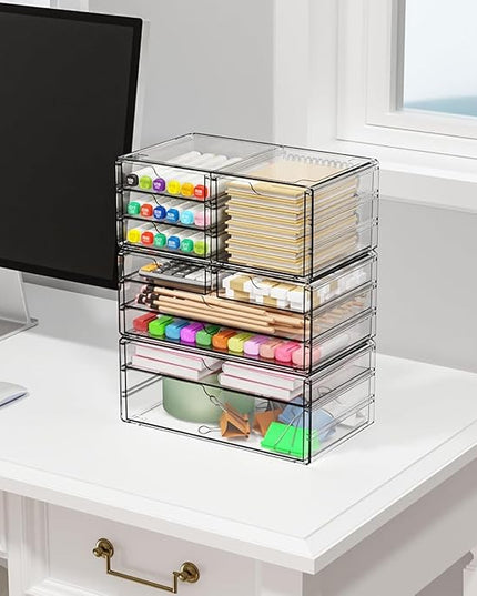 Yieach 3Pack Clear Drawer Organizers Stackable,Acrylic Storage Drawers With 10 Drawers,Multipurpose Office Supply Organizer and Makeup Organizer for Beauty,Craft,Pen,Medical,Stationary Desk Organizers
