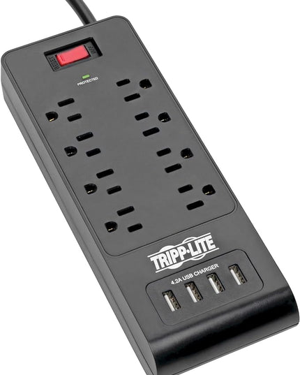 Tripp Lite Home Office Surge Protector with USB Charging, 8 Outlet Surge Protector Power Strip, 4 USB Ports, 6ft Cord, 1800 Joules, Black (TLP864USBB)